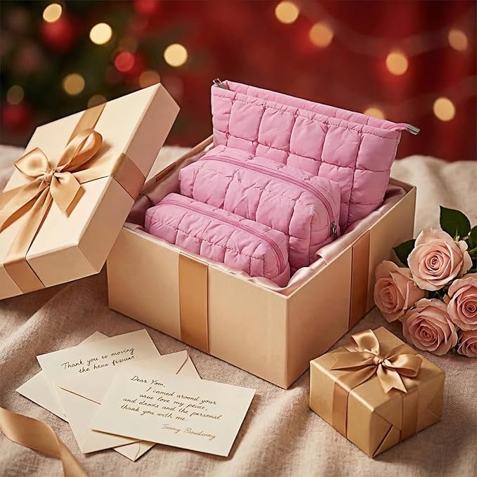 3Pcs Puffer Quilted Makeup Bag Travel Cosmetic Bag Set Portable Puffy Checkered Toiletry Pouch Skincare Organizer Purse Pencil Case (Champagne Gold)