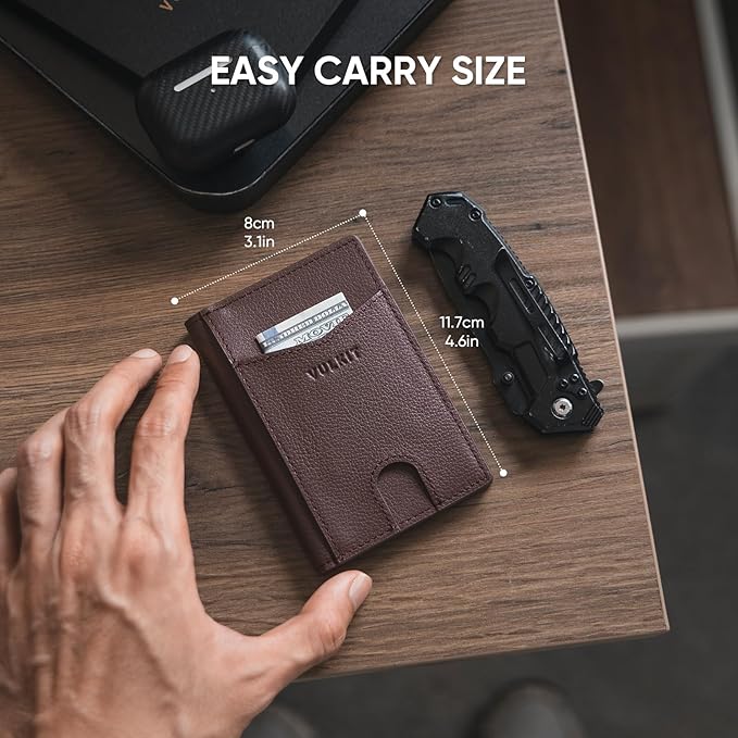 VULKIT Bifold Front Pocket Slim Wallet RFID Blocking Minimalist Thin Genuine Leather Credit Card Holder Wallet for Men and Women Litchi Espresso