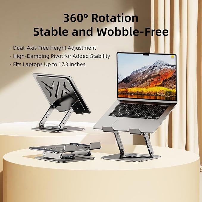 Laptop Stand for Desk, 360° Rotating Adjustable Metal Foldable Laptop Riser with Minimalist Football Vent Pattern, Ergonomic Computer Notebook Holder for MacBook, Dell, HP 10-17.3", Silver