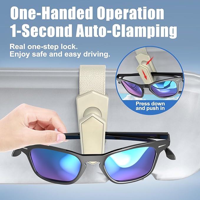 Veharvim One-Handed-Operation Sunglasses Holder for Car, Visor Sunglass Holder Clip, Car Accessories Interior, Universal Fit Silicone Padded Visor Sunglass Holder Car, Unmatched Durability (2 Pack)
