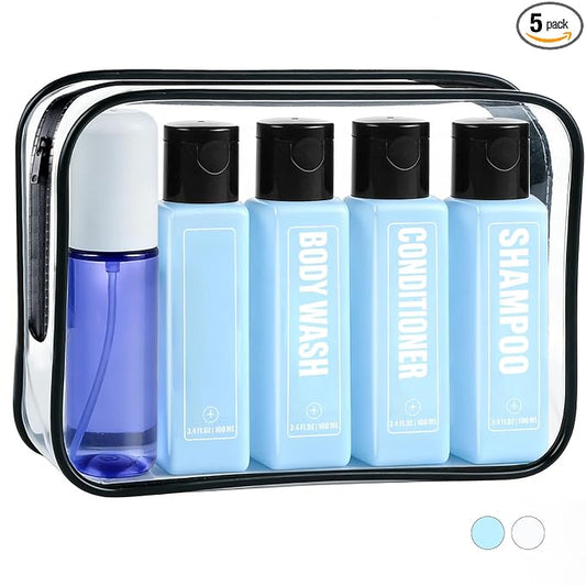GearTrust Labeled Travel Bottles for Toiletries, 3.4oz TSA Approved Travel Shampoo and Conditioner Bottles with Spray, Leak Proof Clear Plastic Containers with Flip Cap-5 PCS