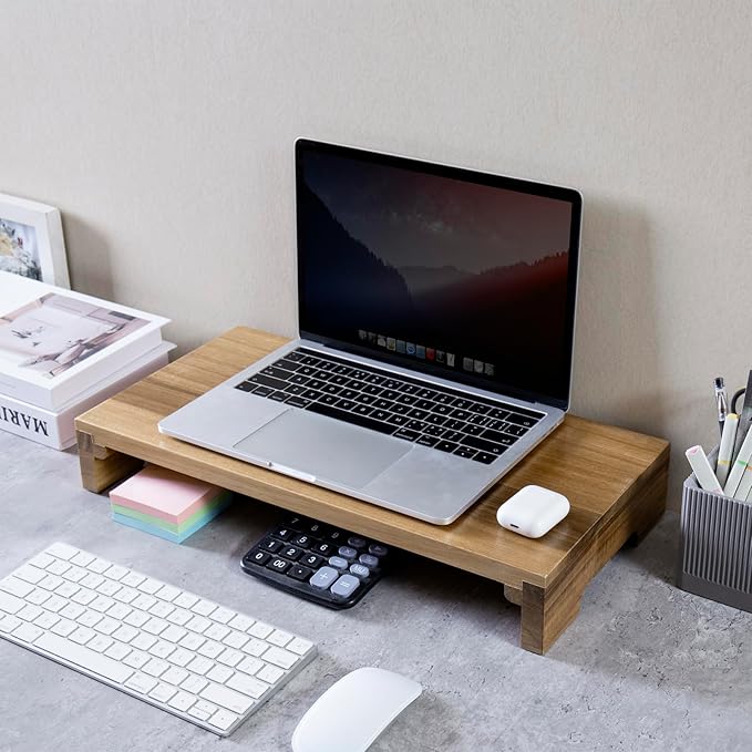 MyGift Premium Acacia Solid Wood Desk Monitor Stand, Laptop Riser & Keyboard Storage ??Wooden Desktop Organizer for Screen Display and Workspace Organization