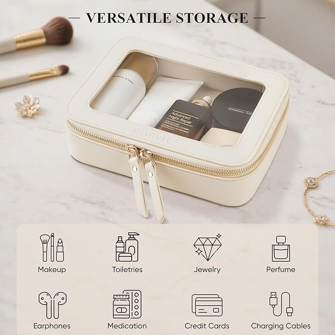 Clear Makeup Bag, Travel Toiletry Bag Cosmetic Case for Women, Waterproof Portable Make Up Skincare Pouch with Zipper, Compact Car Organizer Bag for Essentials, Medium Size, Beige