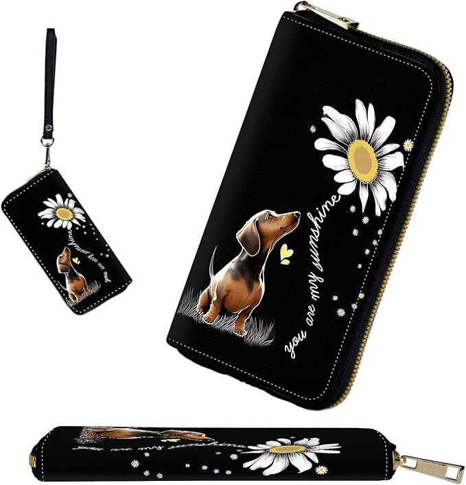 RFID-Blocking Zip Around Wallets for Women with Detachable Wrist Strap,Large Capacity Phone Holder with Card Organizer & Coin Pocket,You are My Sunshine Dachshund