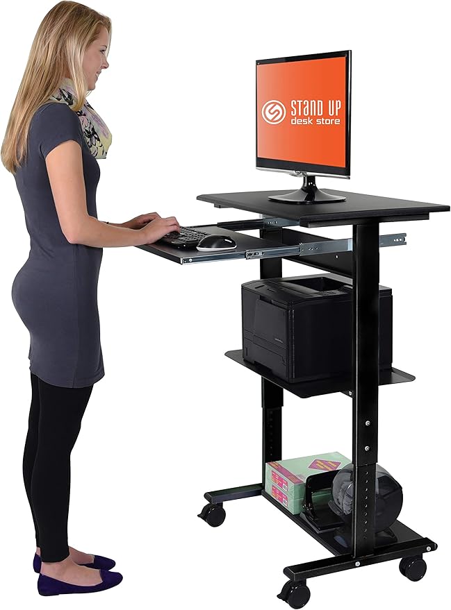 Stand Up Desk Store Mobile Rolling Adjustable Height Standing Workstation with Printer Shelf and Slideout Keyboard Tray (Black Frame/Black Top, 30" Wide)