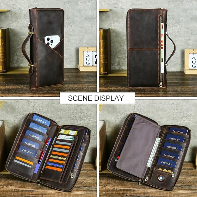 CONTACTS Family Passport Holder for 10 Full Grain Leather Compatible with Airtag Passport Holder for Family Travel Document Organizer Multiple Rfid Blocking Passport Wallet