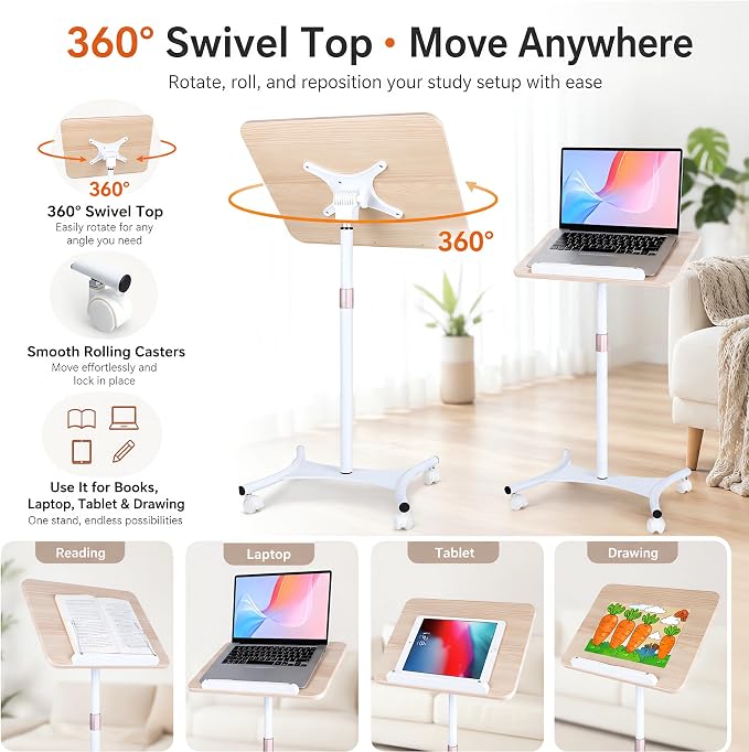 Rolling Floor Book Stand with Wheels, Reading Stand Book Holder | 16.5 x 11.8 in large panel | 19–57 in height adjustable| 360° angle | Lockable wheels | For books, sheet music, laptop