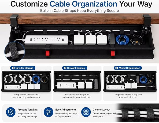 Under Desk Cable Management Tray, 90CM Extra Large, No-Drill Clamp Mount Cable Organizer, Hide Power Strips, Adapters & Wires, Easy Access Fabric Cable Basket for Standing Desks & Home Offices