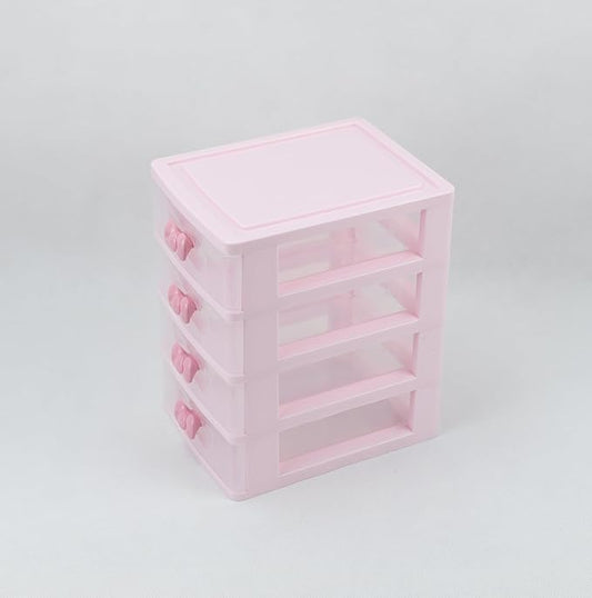 Plastic Storage Organizer for Girls – Cute Desktop Jewelry & Makeup Box with Bow Handles, Ideal for Teens’ Room Decor & School Supplies (Four Layers)