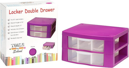 Locker Drawer. Includes 2 Removable Drawer Dividers. Heavy Duty. Fits 12" Wide Locker (Magenta Double)