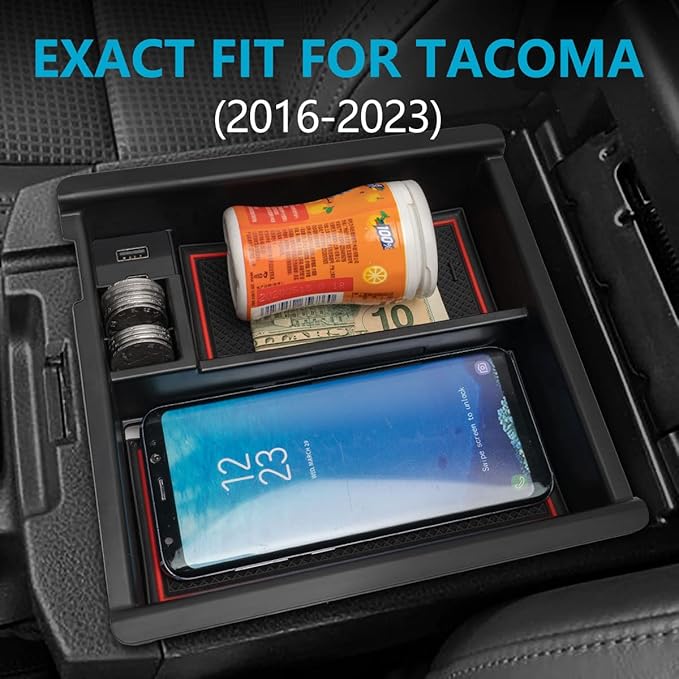 Center Console Organizer with USB Port for Toyota Tacoma Accessories 2023 2022 2021 2020 2019 2018 2017 2016,3rd Gen TRD Offroad Upgrades Mods Interior Para Organizador Coin Insert Tray Truck Box