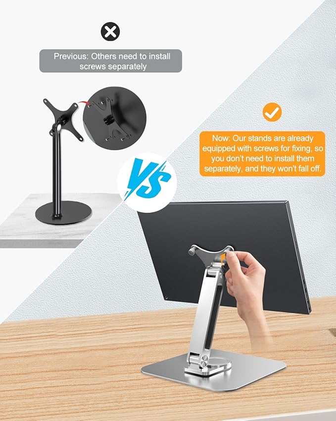 75x75mm VESA Monitor Mount Stand, M4 Anti-Loss Screws, Aluminum Alloy Base, Fits 7"-18" Small Portable Monitors, Silver Foldable Lay Flat Monitor Stand (Not Fit 100x100mm Vesa)