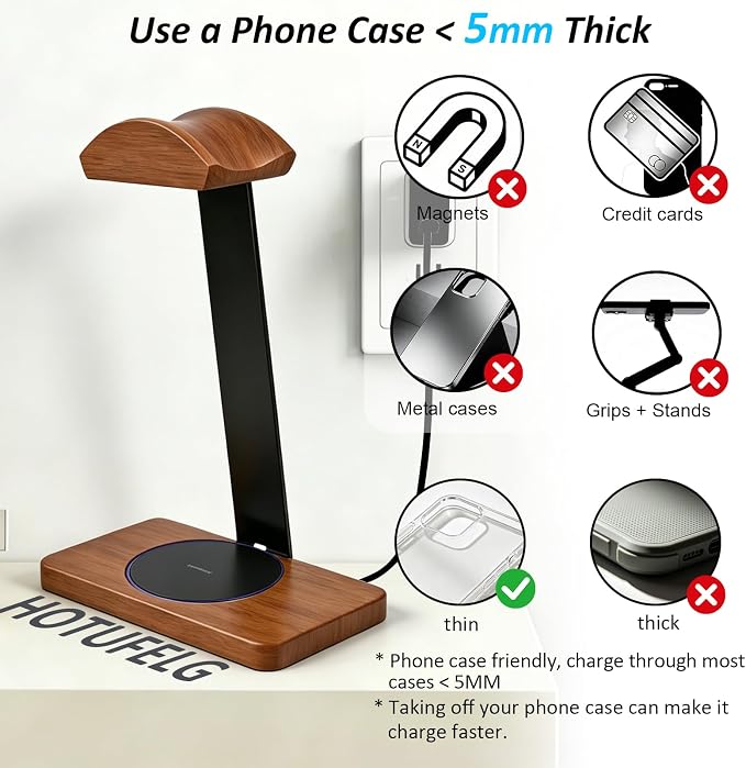 Solid Wooden Headphone Holder with Qi Wireless Charging Pad,Heavy Duty Wood Universal Headset Stand Compatible with Airpods Max,Bose,Razer,AKG,Equipment Accessories for Walnut Desk,Gift Choice