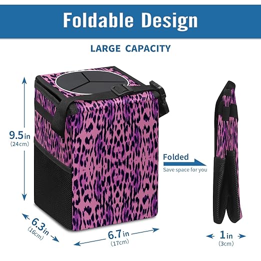 Car Trash Can Purple Pink Black Leopard Auto Garbage Bag Car Trash Can with Lid Leak-Proof Car Storage Bag Auto Garbage Bag Hanging for Headrest Collapsible and Portable with Storage Mesh Pocket