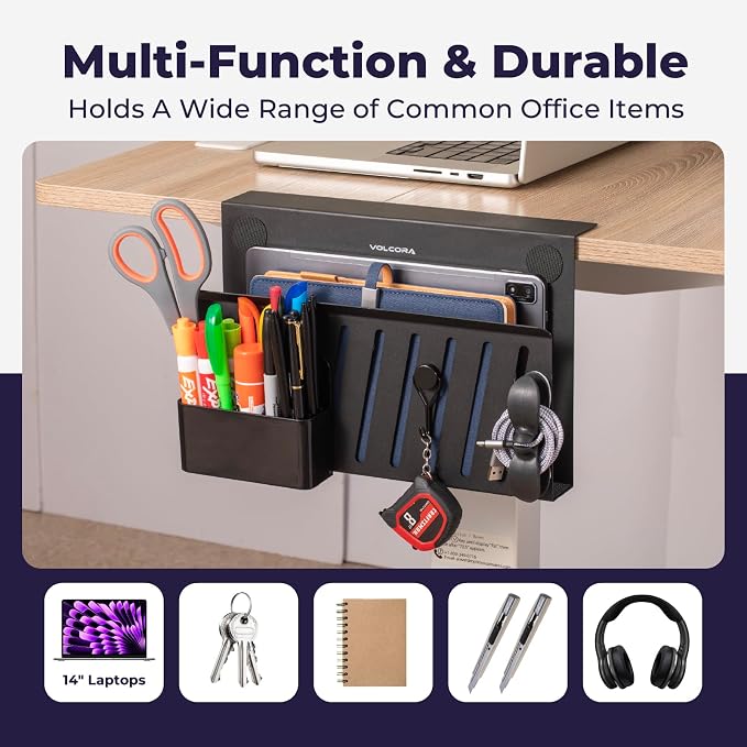 Volcora Side Storage, Under Desk Laptop Holder, No Drill Organizer with Magnetic Pen Box, Cable Clamp, Hanging Organizer, Laptop Mount File Holder for Office and Home, 1 Tier Black