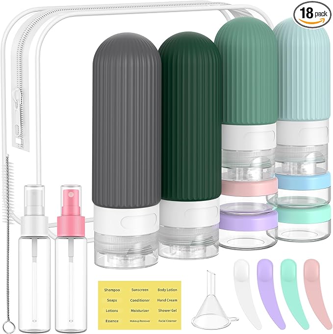 ME.FAN Travel Bottles for Toiletries,18 Pack Silicone Portable Size Bottle, TSA Approved Refillable Cosmetic Container Kits for Conditioner, Shampoo, Lotion,Face Cream - Blue