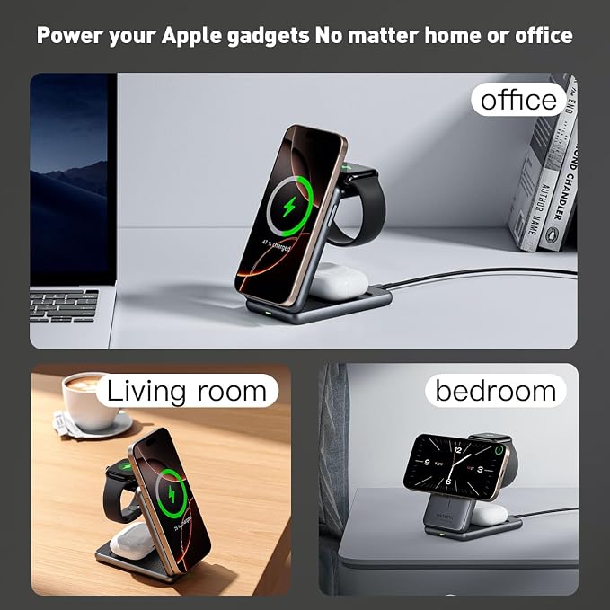 Upgraded 3-in-1 Magnetic Wireless Charger, Foldable Charging Station, Electromagnetic Induction Base,Compatible with MagSafe,Compatible with iPhone 12-17 Series, Apple Watch, and AirPods