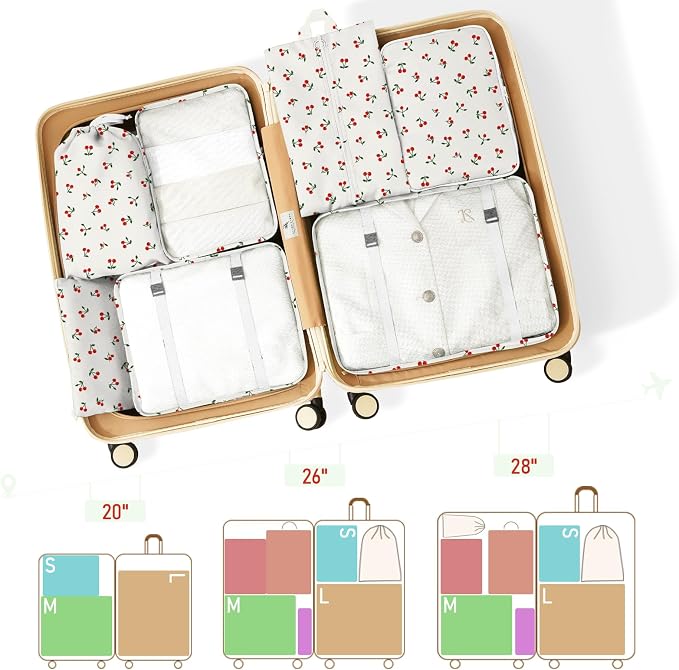 Packing Cubes for Travel - 8 Set Luggage Organizer Bags for Family, Mesh Breathable Packing Cubes for Suitcases Durable Travel Essentials Bags Set (White Cherry)