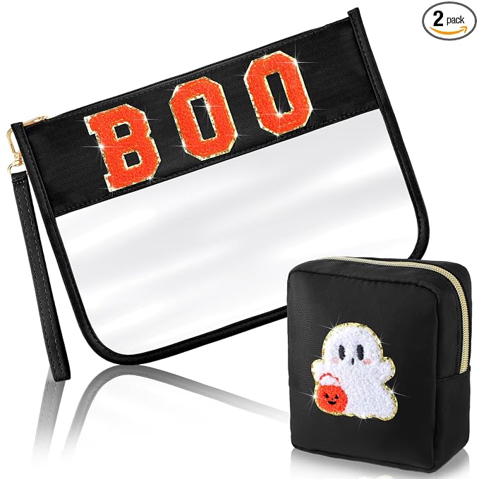 Hillban 2 Pcs Summer Halloween Gifts Chenille Letter Bags Boo Patch Makeup Bag Spooky Pumpkin Flat Clear Pouch PVC Organizer Purse Waterproof Travel Cosmetic Bag Portable Storage Case for Women