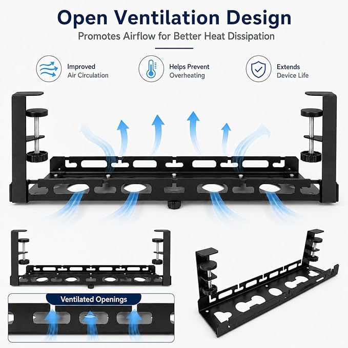 No Drill Under Desk Cable Management Tray, Adjustable 17.6"-27.4" Clamp-On Metal Cable Tray for Power Strip, Under Desk Cord Organizer and Wire Management Holder for Standing Desk, Gaming Desk, Office