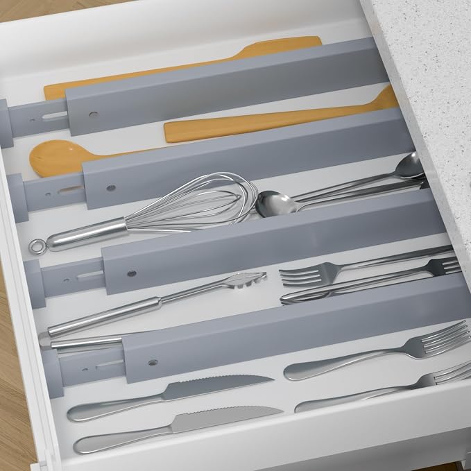 Bamboo Kitchen Drawer Divider 4 Pack,17-22" Adjustable Utensil Drawer Organizer for Dresser Bathroom Bedroom,Grey