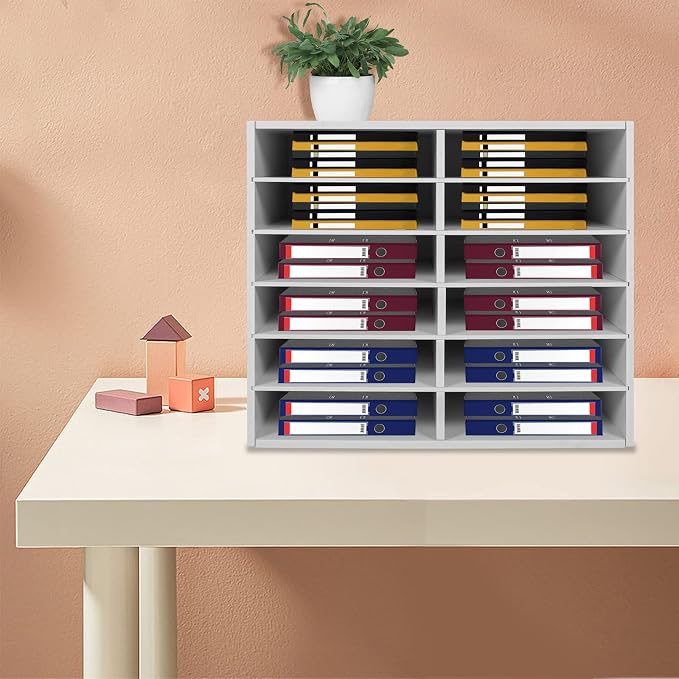 Literature Organizer Sorter for Desk, 12 Slots Adjustable File Sorter Mail Organizer, Paper Sorter Organizer, Open Design Paper Storage Mailbox for Office School Classroom, White