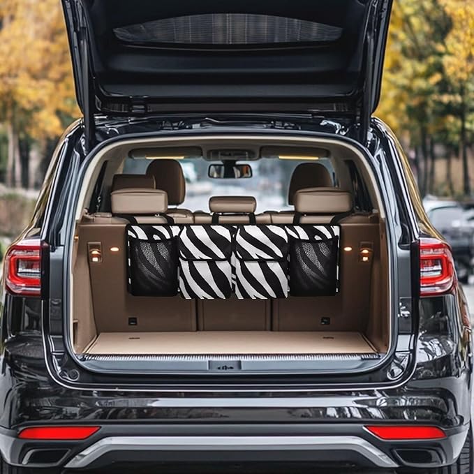 Zebra Print Car Trunk Organizer Hanging Car Backseat Storage Bag Waterproof Collapsible Cargo Bag with 4 Pouches Trunk Storage and Decorative Accessories