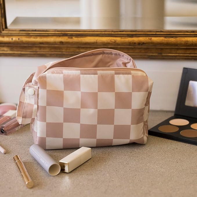 Tiny Twinkle Waterproof Travel Toiletry & Makeup Bag Organizer | Makeup Pouch with Multiple Compartments & Snap Handle for Travel | Gift for Teen Girls and Women（Beige Checkers