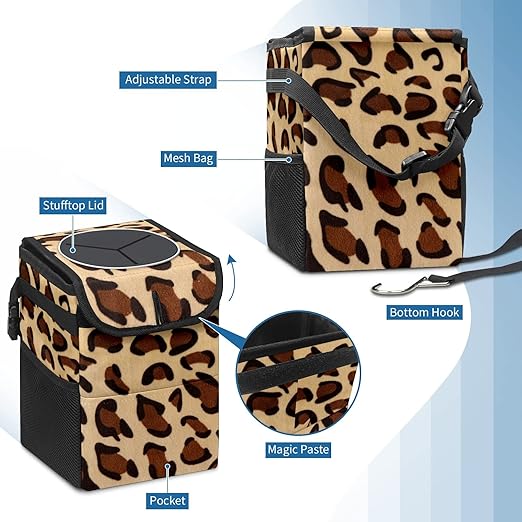 Car Trash Can Leopard Print Wate-rproof Auto Garbage Bag Car Trash Can with Lid Leak-Proof Car Storage Bag Hanging for Headrest Collapsible and Portable with Storage Mesh Pocket