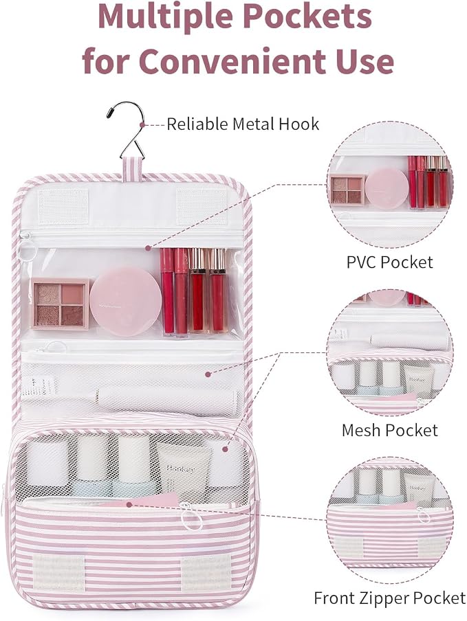 Narwey Small Hanging Toiletry Bag for Travel Women Girl, Striped Toiletries Travel Bag with Hook, Hanging Makeup Bag Organizer Make Up Cosmetic Bags, Gifts for Kids Teen (Dusty Pink Stripe)