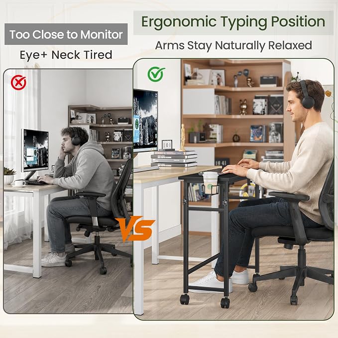 Snughome Mobile Keyboard Tray with Wire Cup Holder & 2 Storage Hooks, Height Adjustable 27.5"–44.4", Rolling Standing Desk Keyboard Platform with Lockable Casters for Home Office, Black