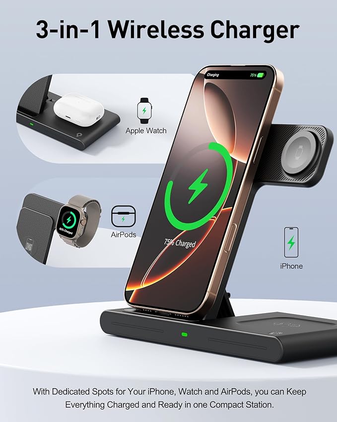 RYND 2026 Travel Portable Wireless Fast Charger for Apple & Android Charging Station,3 in 1 Charging for iPhone17 16 15 14 13 12,Apple Watch Series & Air pods 4 3 2 Pro,Samsung Galaxy