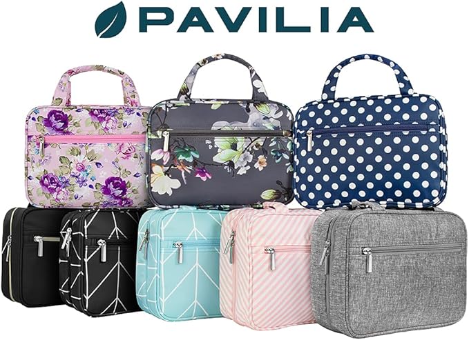 PAVILIA Hanging Toiletry Bag Travel Bag Women Men, Foldable Cosmetic Organizer, Roll up Makeup Bag, Water Resistant Accessories Toiletries, Large Travel Essentials Kit (Black Chevron)