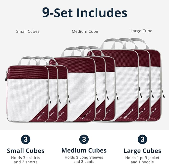 9 Set Compression Packing Cubes for Travel - Compressible, Lightweight, and Space-Saving Packing Cubes, Travel Essentials for Women, Wine