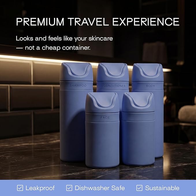 RIES Essential Refillable Toiletry Travel Bottles – Set of 5 (3.4oz & 1.7oz) Airless Pump Containers for Shampoo, Conditioner, Body, Face – Leak-Proof, TSA-Approved, Dishwasher Safe- Runaway Blue