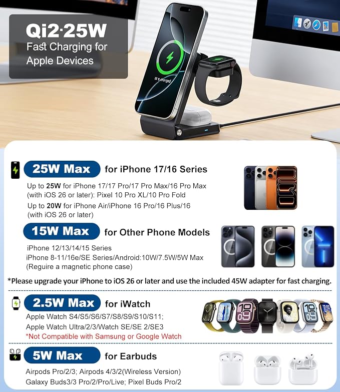 Qi2.2 25W Fast Wireless Charging Station for Apple MagSafe with TEC Cooling, 3 in 1 Foldable Travel Magnetic Charger Stand for iPhone 17-12 Series/ S26 Ultra/Pixel 10/ iWatch/AirPods (45W Adapter)