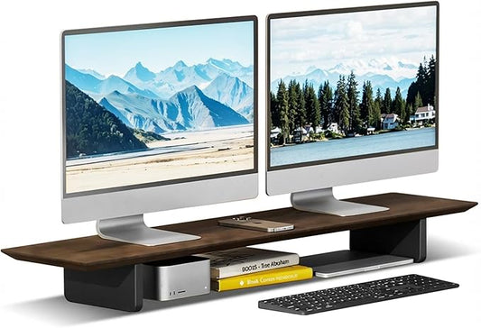 EXPERLAM Solid Wood Dual Monitor Stand,Holds 2 Screens Up to 27inch,Desktop Organizer,43inch Desk Shelf,Desk Riser for TV Laptop Printer Office Accessories,Rubberwood