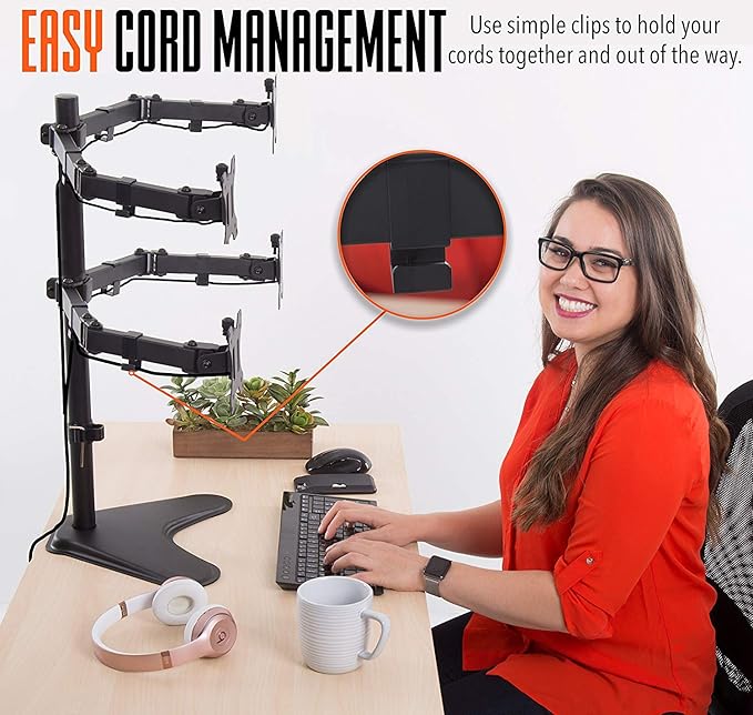 Stand Steady 4-Monitor Mount | Height-Adjustable Stand with Stabilizing Base - Fits Most LCD/LED Monitors 17-32 in (Black)