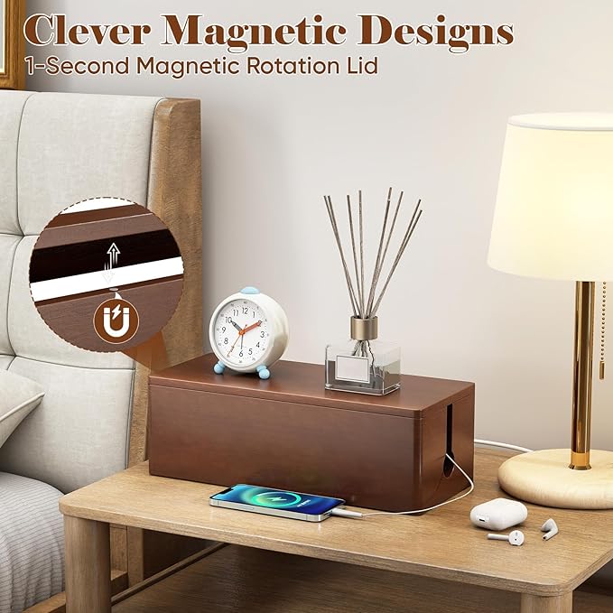 DELAMU 14.17" Large Cable Management Box with Magnetic Lid, Cord Mangement Box and Cord Box Hider for Electrical Cord Management with Ventilation Design, Hide Cables on Desk and Floor, Cable Box Brown