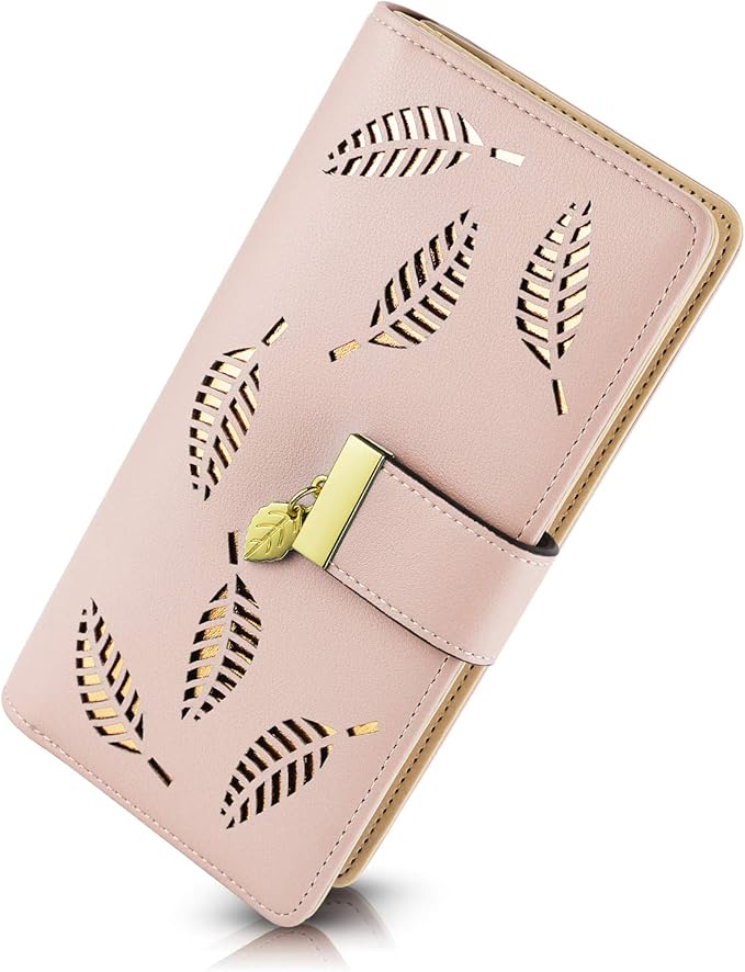 PGXT Women's Wallet Women Credit Card Holder Hollow Leaf Pattern Bifold Leather Lady Long Wallet Purse Zip Birthday Xmas Gifts for Women Girls(Pink)