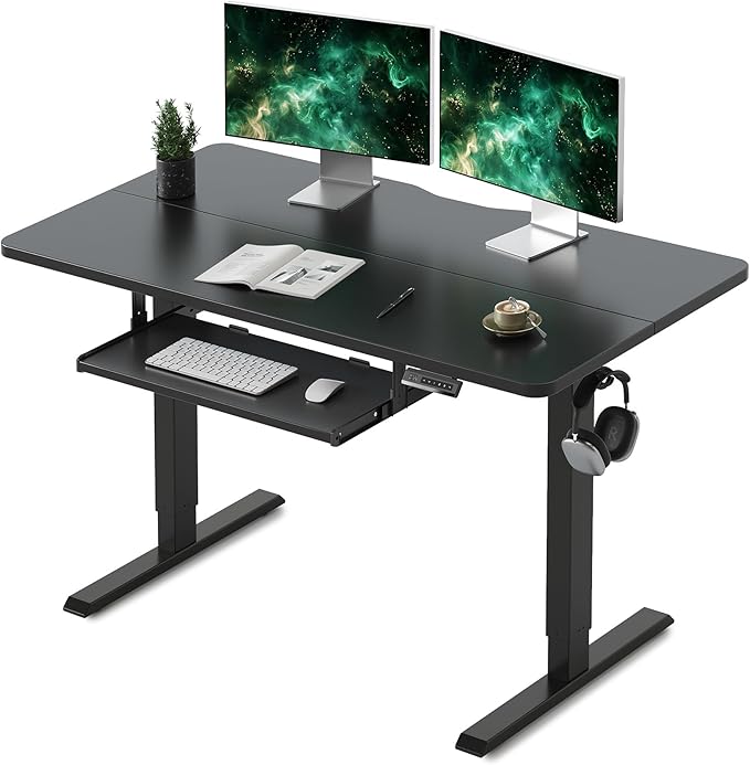 FEZIBO Standing Desk with Keyboard Tray, 48 x 24 Inch Adjustable Height Sit Stand Desk with Memory Presets for Home Office, Ergonomic Computer Workstation, Black