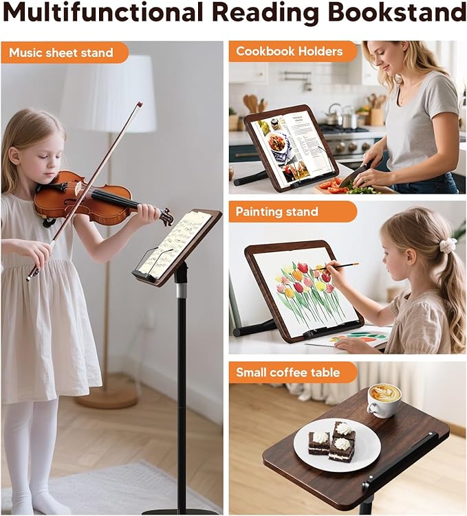 2-in-1 Floor & Desktop Wooden Book & Music Stand, 100% Solid Wood, Adjustable Height 16.5"-51", Hands-Free Reading Stand with Page Clip for Cookbooks, Sheet Music, Bible, Office & Home