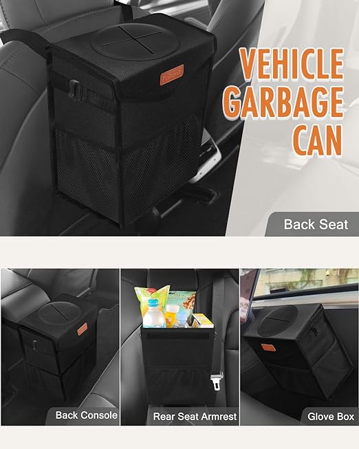 Pritent Car Trash Can with Lid, Cute Leakproof Car Trash Garbage Bag Hanging Vehicle Trash Bin Small Portable Automotive Garbage Cans Organizer for Back/Front Seat/Console(2.8 Gallons,Black)