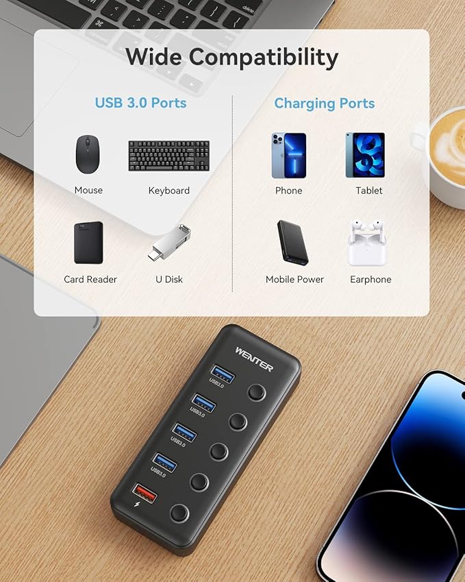 Powered USB Hub, Wenter 5 Ports USB 3.0 Hub (4 Data Transfer Ports+ 1 Smart Charging Port) with Individual LED On/Off Switches, USB Hub 3.0 Powered with 15W Power Supply for PC, MAC