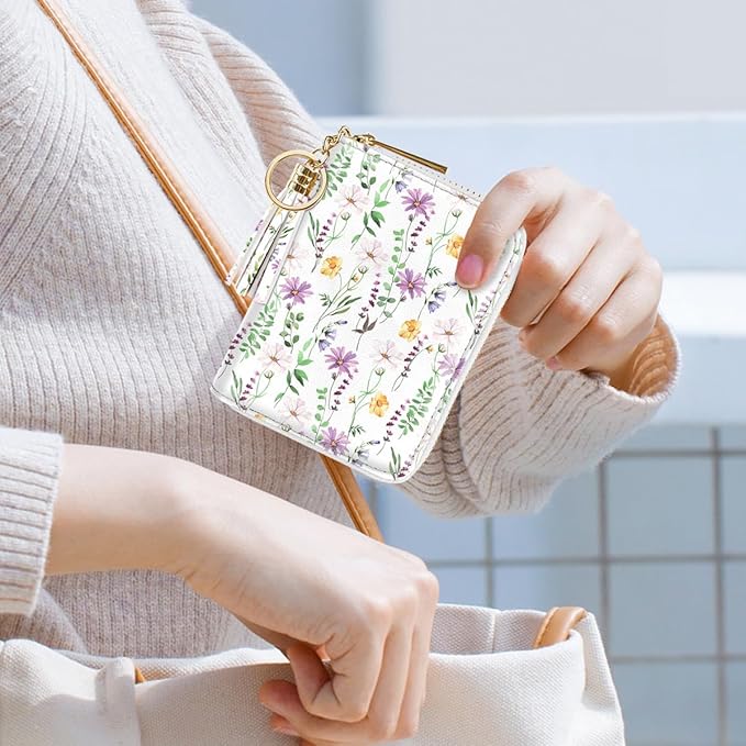 Coco Rossi Leather Credit Card Wallet for Women, RFID Blocking Zipper Cards Holder with Tassel, White Daisy
