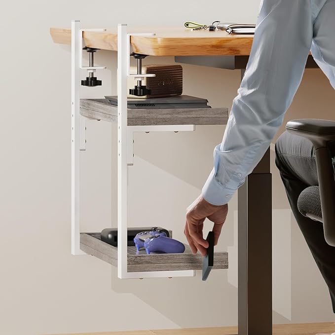 Clamp On Desk Shelf 2-Tier, Wood Shelving Unit for Office Desk/Gaming Accessories, Tabletop Book Storage Rack, Shelf for Top of Desk, Grey