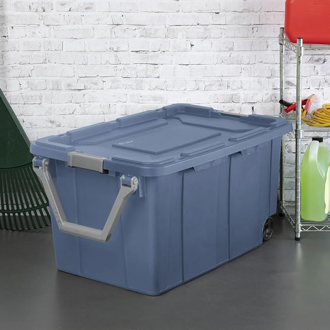40 Gallon Plastic Storage Box, Wheeled Industrial Tote, Pack of 2