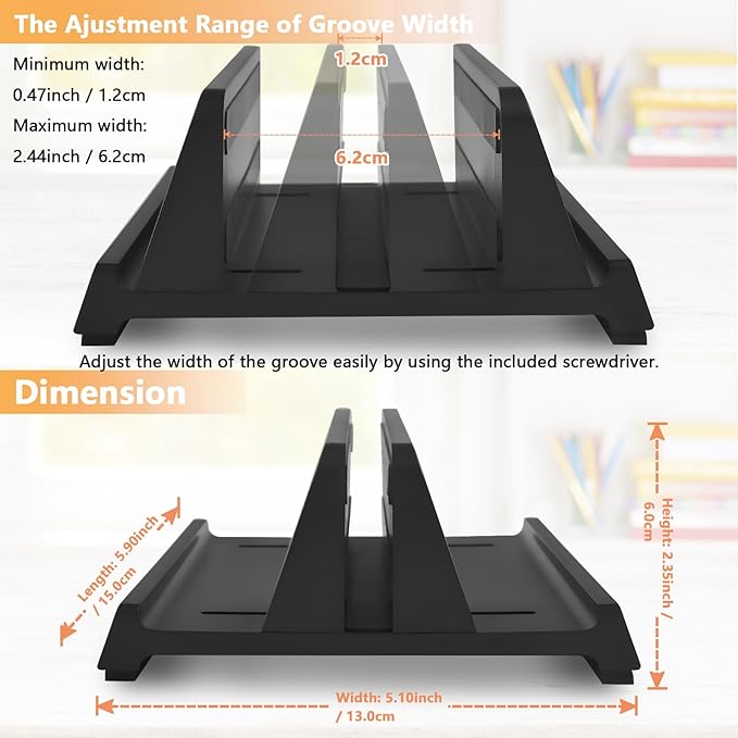 Vertical Laptop Stand Holder, ABS Organizer with Adjustable Dock, All in 1 Design Space-Saving, Sturdy Laptop Computer Holder for PC up to 17.3 inches, MacBook, Mini PC, Pad, Phone (Black, 1 Slot)