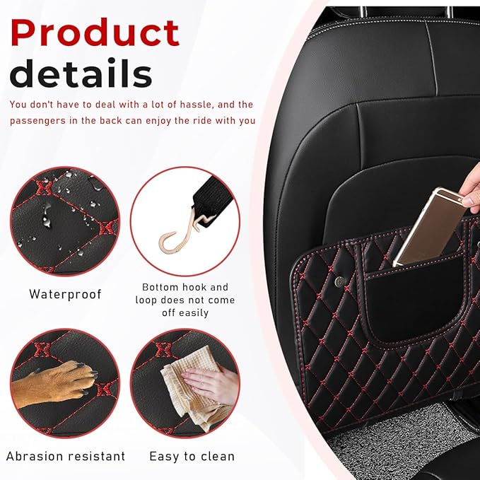 2 PCS Car Kick Mats, Leather Back Seat Protector with Storage Bag, Waterproof Automotive Backseat Cover Pad Prevent Kids Dirt Mud and Scratch, Interior Car Accessories(Black & Red)