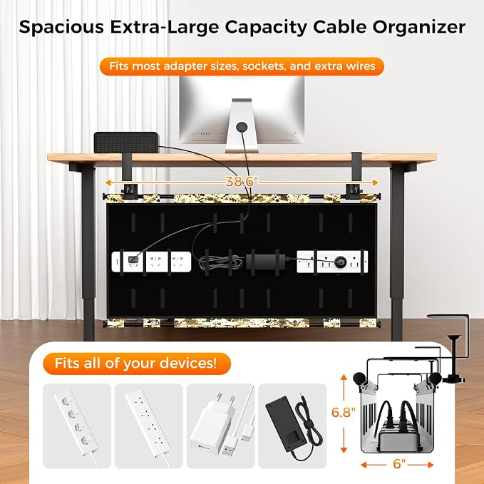 No-Drill Under Desk Cable Management Tray,Upgraded Wider(39"L x 5.9"W) & Double Layer Thickened Standing Desk Cable Organizer,2 Mounting Options-Clamp Or Screw Cord Holder for Home,Office